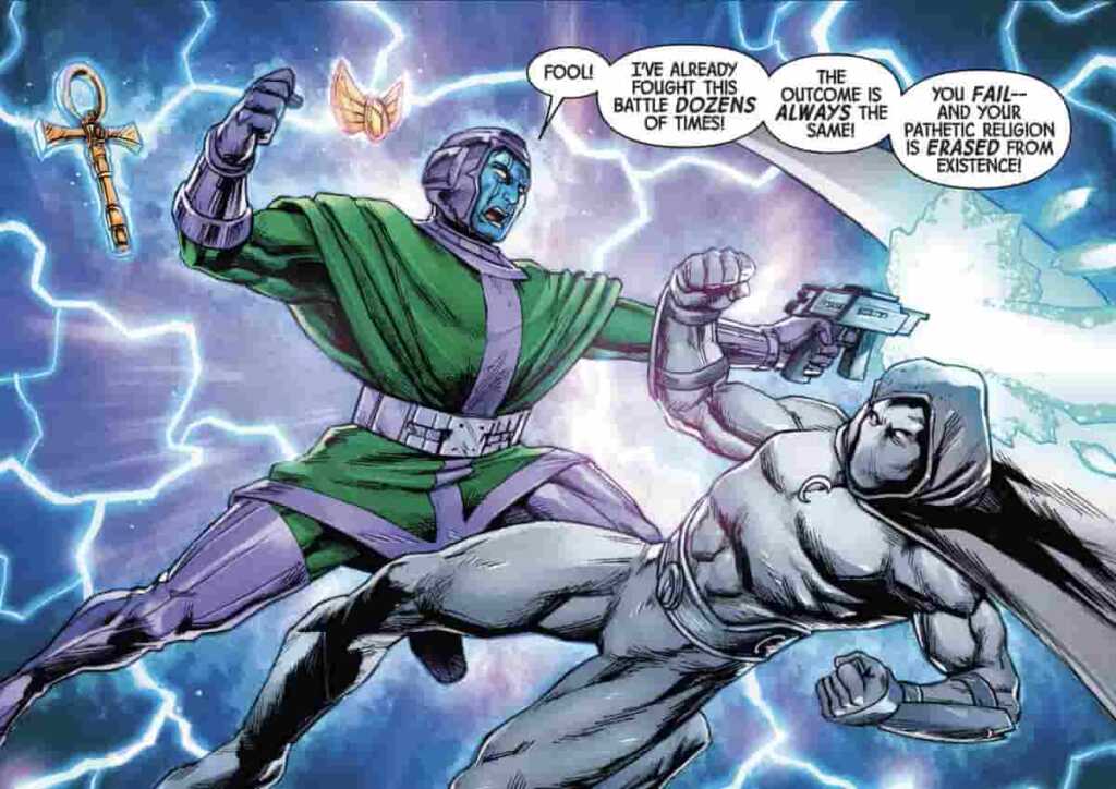 Kang the Conqueror confruntându-se cu Moon Knight în benzile desenate Marvel