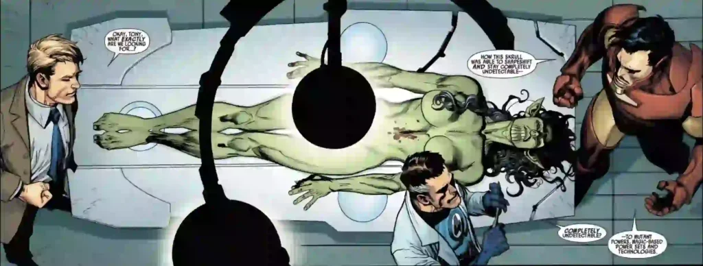 Iron Man cerându-le lui Hank Pym și lui Mr. Fantastic să investigheze de ce Skrulls nu pot fi detectați