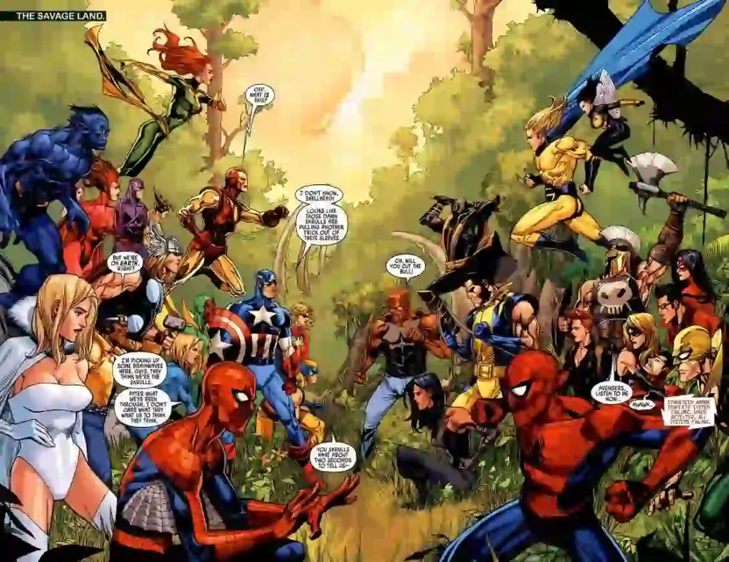 Confruntare între Secret Avengers, Mighty Avengers și alți supereroi în Savage Land. Care dintre ei sunt Skrulls?